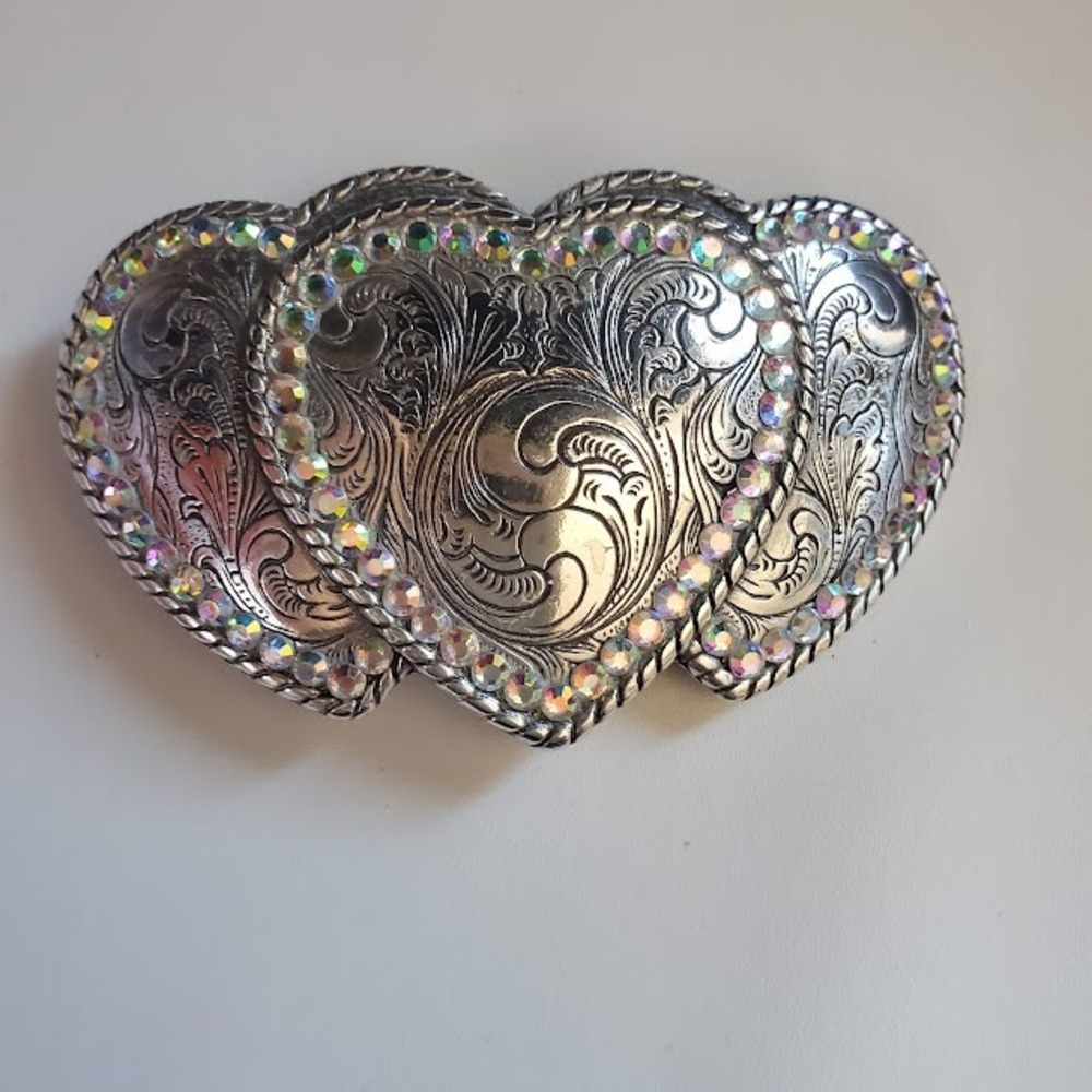 Nocona Silver Tone Triple Heart Western Belt Buckle Rhinestone Engraved Floral